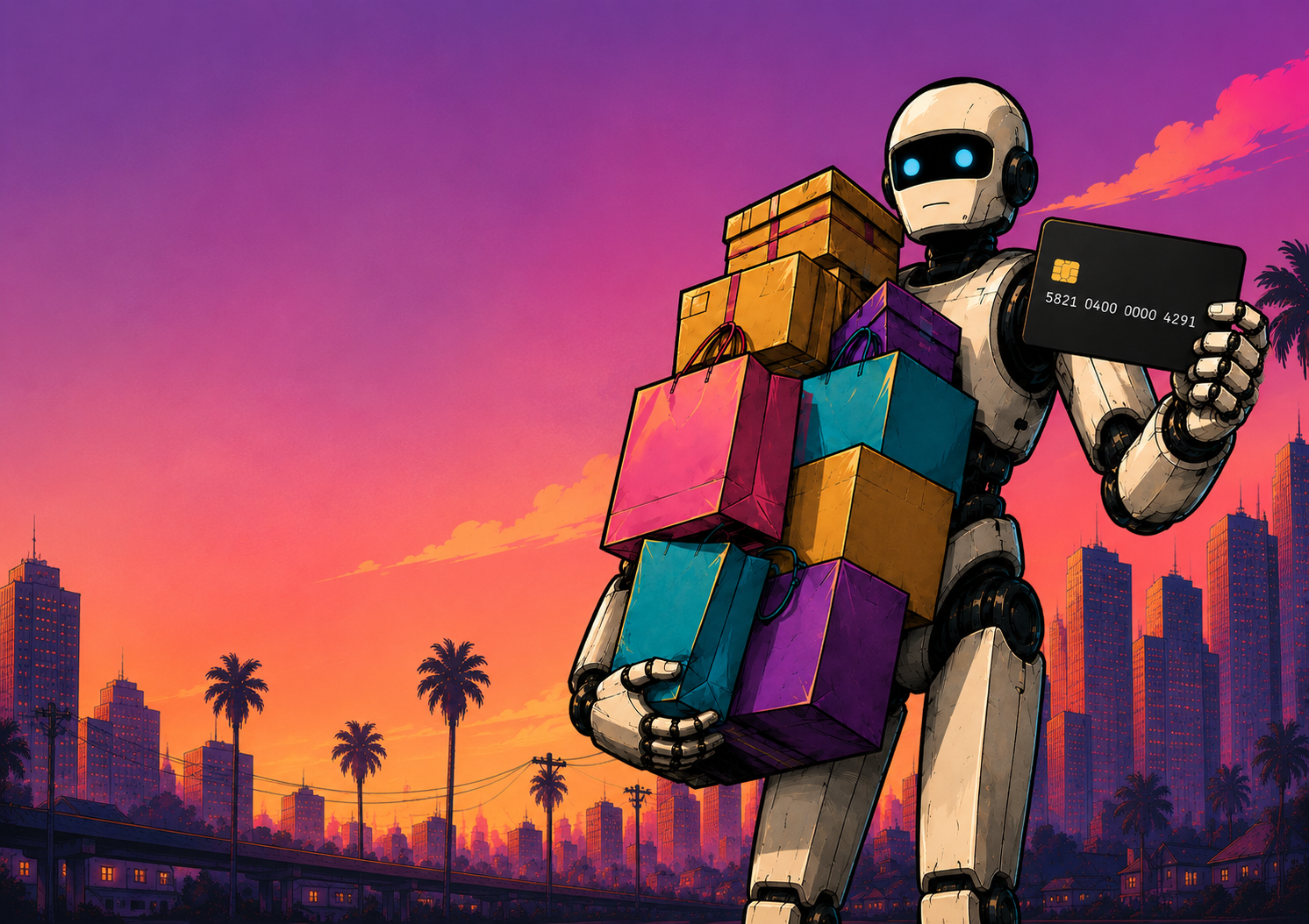 Illustrated AIrobocards robot carrying shopping bags and a virtual card in a city scene.